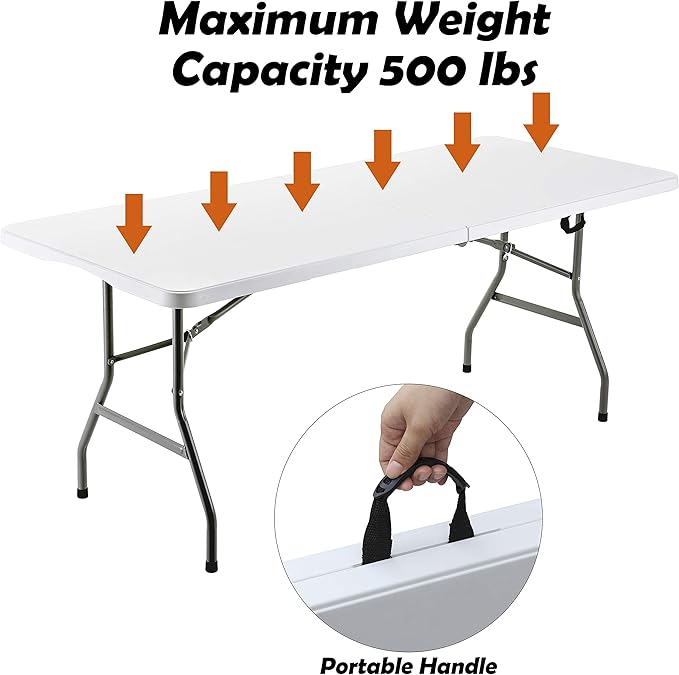FORUP 6ft Table, Folding Utility Table, Fold-in-Half Portable Plastic Picnic Party Dining Camp Table (White)-NeatNest