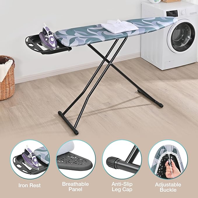 APEXCHASER Full Size Ironing Board with Heat Resistant Cover Foldable Iron Board 7-Lever Height Adjustable Non-Slip Sturdy Metal Legs 14x54, Blue
