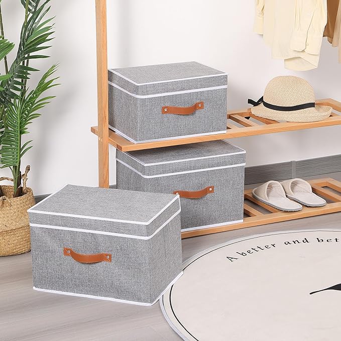 Collapsible Storage Bins with Lids, Linen Foldable Cloth Baskets, 17.7 x 11.8 x 11.8 Inch Closet Organizer Containers with Double Handles, Sweater Boxes for Bedroom, Grey, 3 Pack-NeatNest