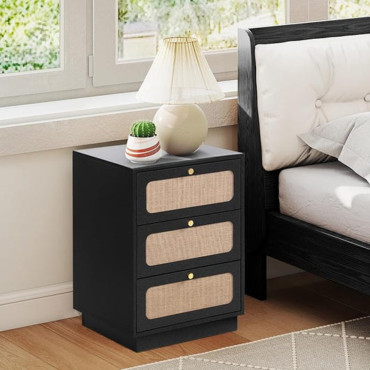 16 Inch Nightstand with 3 Drawer, Modern Wood Night Stand Storage with Linen Decor, Farmhouse Small Side Table for Sofa Couch, End Table for Bedside Bedroom, Living Room (Black)