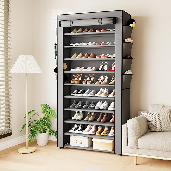 Mavivegue Shoe Rack with Cover, 10 Tier Tall Shoe Storage for 50-55 Pairs of Shoes, Shoe Organizer for Entryway, Closet, Garage, Grey-NeatNest
