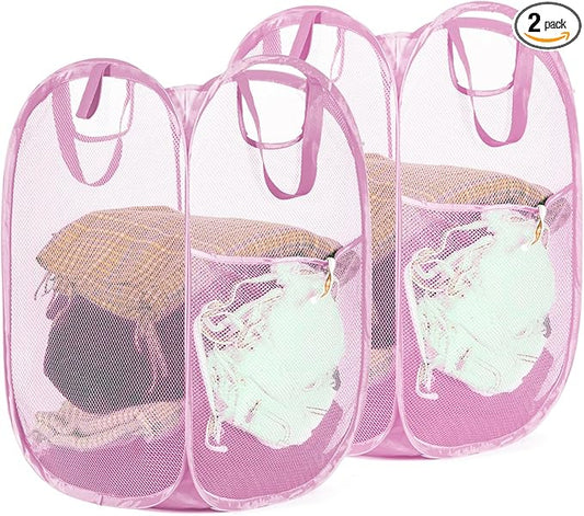 2 Pack Strong Mesh Pop-up Laundry Hamper, Quality Pop Up Hampers for Laundry with Durable Handles Solid Bottom High Carbon Steel Frame, Easy to Open and Fold Flat for Storage(Light Pink)-NeatNest
