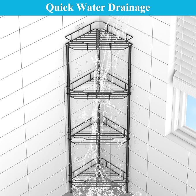 4 Tier Floor Standing Corner Shower Caddy Organizer Shelf with Hooks, Bathroom Shelves Stand Rack, Black