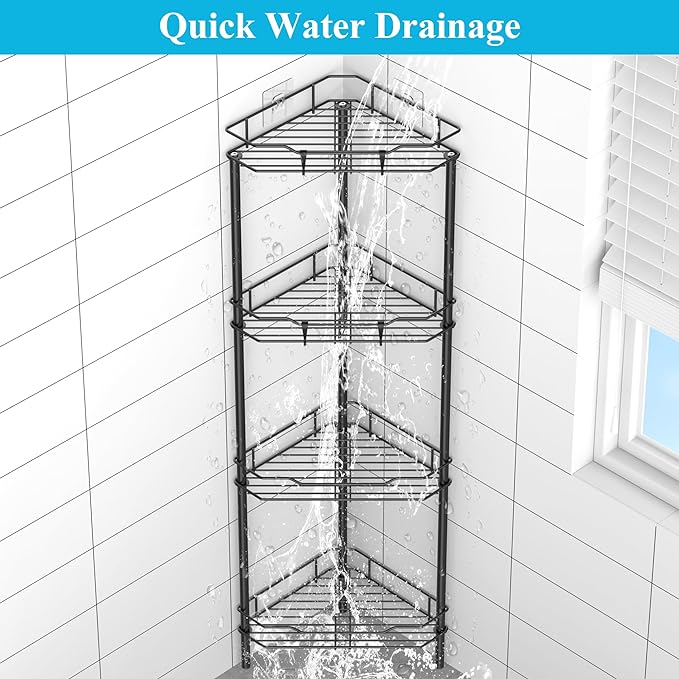4 Tier Floor Standing Corner Shower Caddy Organizer Shelf with Hooks, Bathroom Shelves Stand Rack, Matt Black