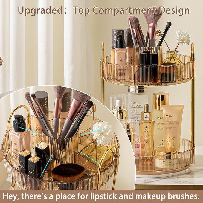 Rotating Makeup Organizer for Vanity, High-Capacity Skincare Clear Make Up Storage Perfume Organizers Cosmetic Dresser Organizer Countertop 360 Spinning (Gold, New-2 Tier)-NeatNest