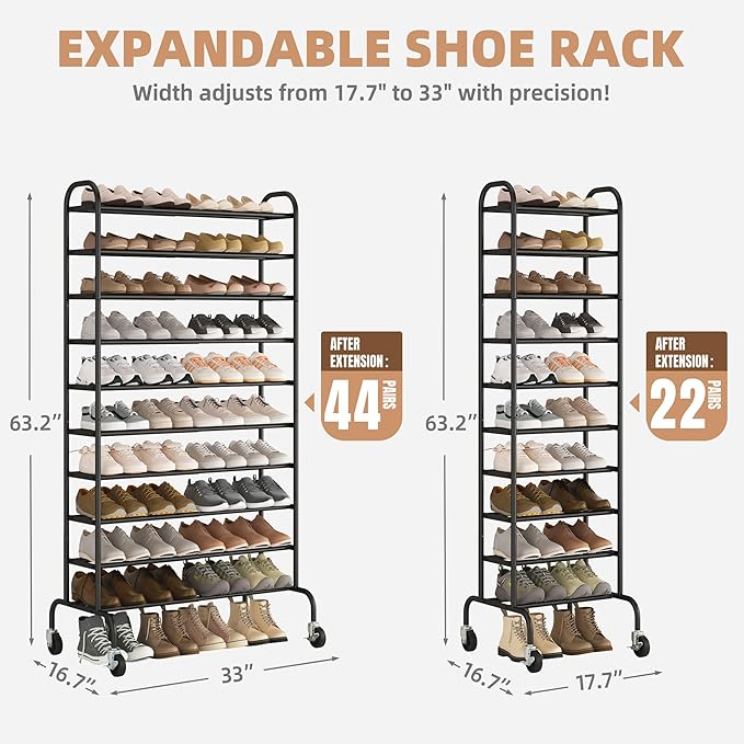 STORAGE MANIAC Expandable Shoe Rack, 44 Pairs Stackable Small Shoe Rack, Metal Adjustable Shoes Organizer for Closet, Entryway, Hallway, Garage, Front Door, Shoes Shelves, Black 10 Tier-NeatNest