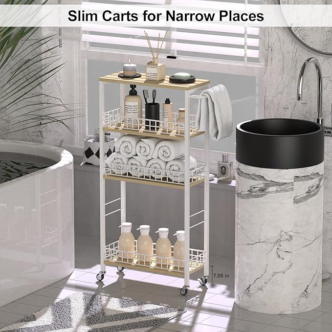 Slim Storage Cart White Narrow Storage Cabinet 4 Tier Laundry Room Organization Mobile Bathroom Shelving Unit Organizer Rolling Utility Cart Slide Out Kitchen Cart Tower Rack for Narrow Places 7.08’’W-NeatNest