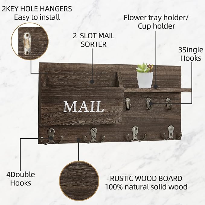 Key Holder for Wall, Mail and Key Hanger Wall Mount with Double Key Hook and Wall Coat Rack Shelf Decor,Key Organizer Suitable for Entryway, Hallway, Dog Leashes,Kitchen and Living Room(Brown)