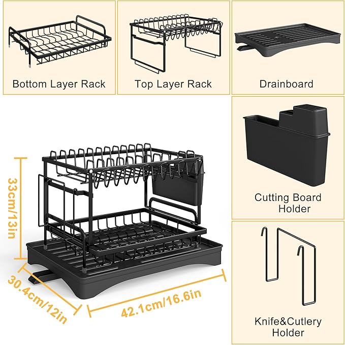 Dish Drying Rack - Carbon Steel Dish Rack for Kitchen Counter, 2-Tier Kitchen Organizers and Storage Rack with Drainboard and Cutlery Holder, Large