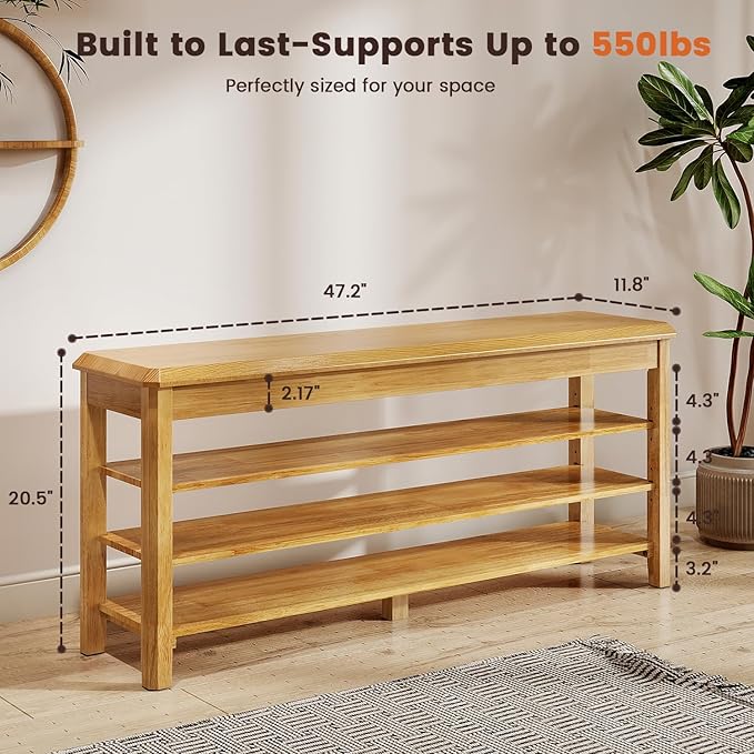 Shoe Rack Bench Seat Rubberwood 3-Tier Wooden Storage Bench 550lbs Compact Mid-Century Modern Design for Entryway, Hallway, Closet, Front Door Entrance, Foyer