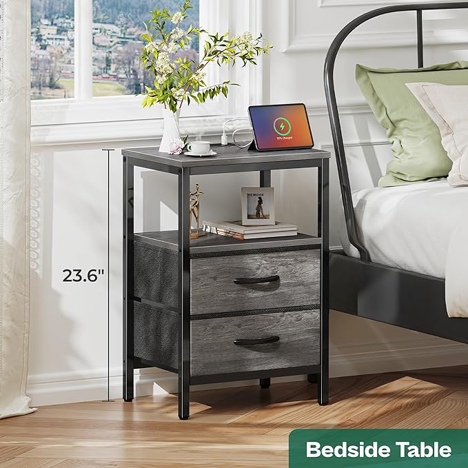 Huuger Nightstand with Charging Station, Fabric Drawers, End Table with Open Shelf, Bedside Table with USB Ports and Outlets, Night Stand for Bedroom, Gray