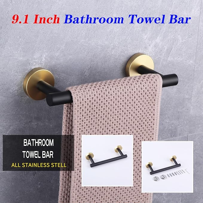 GERZWY 9-Inch Bath Towel Bar Modern Round Style Bathroom Towel Bar SUS 304 Stainless Steel Wall Mount (Black & Gold) AG1101C23-BD