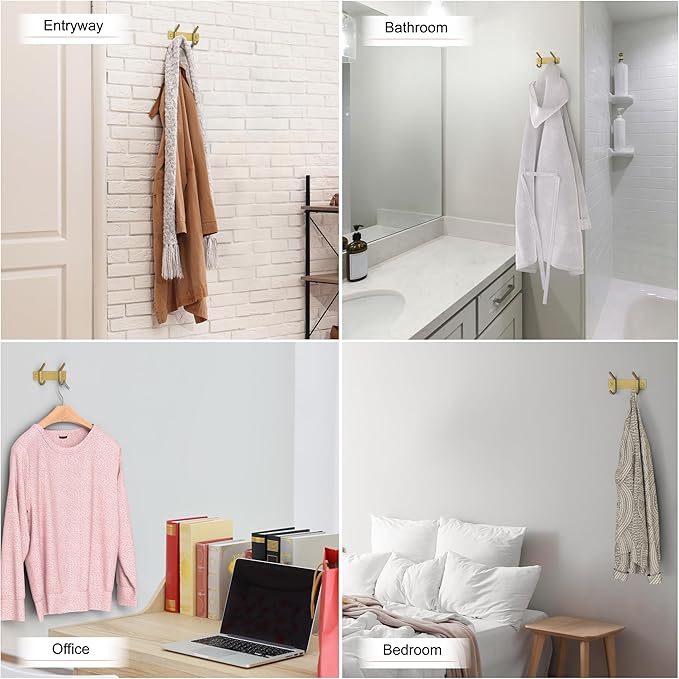 Brushed Gold Small Coat Rack Wall Mount – 6 Inch Stainless Steel Rail with 2 Double Coat Hooks for Entryway, Bathroom, Bedroom, Kitchen – Modern Gold Hook Rack for Coats, Hats, Towels-NeatNest