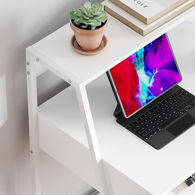 HOMCOM Home Office Desk, Computer Desk with A Frame for Small Spaces, Writing Table with Drawer and Storage Shelves, White-NeatNest