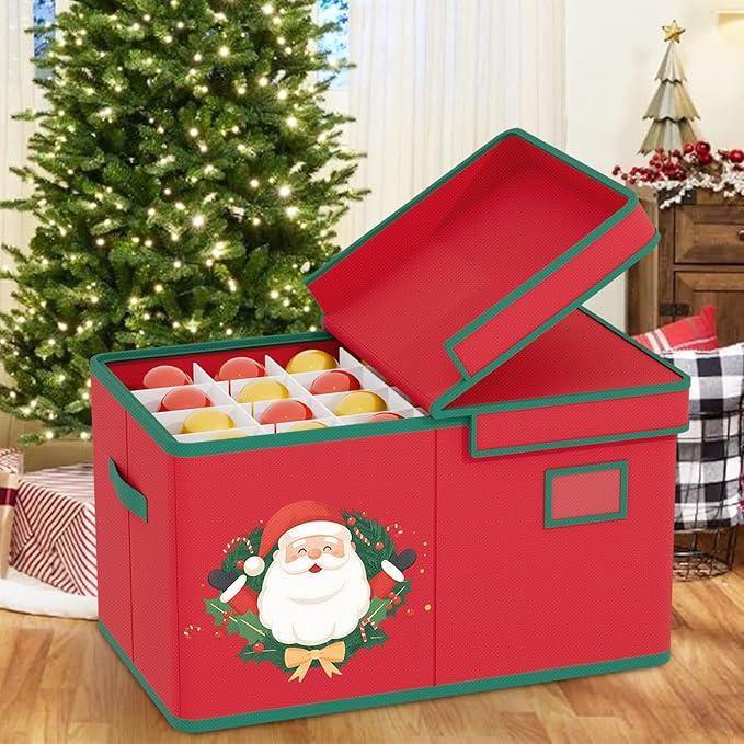 Christmas Ornament Storage Box Red Christmas Decoration Storage Containers 600D Oxford fabric Ornament Organizer Storage Box Fit 96 3 inch Holiday Ornaments Christmas Decor Storage Container-NeatNest