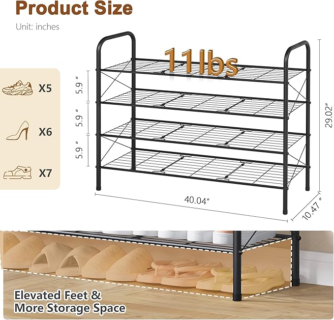 Hoctieon 4 Tier Mesh Style Shoe Rack, Entryway Shoe Shelf, Shoe Storage Organizer, Shoe Rack for Closet, Space Save for Bathroom, Garage, Hallway, Bedroom, Living Room, Black-NeatNest
