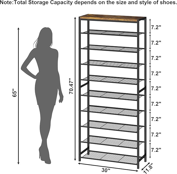 HOMEFORT 10 Tiers Shoe Rack Organizer,30" Shoe Storage Shelf for Closet, Shoe Rack for Entryway,Holds 36-40 Pairs of Shoe, Tall Shoe Stand with Metal Shelves and MDF Top Board,Rustic Brown-NeatNest