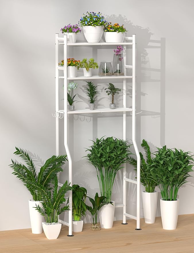 3-Tier Over The Toilet Storage, Freestanding Metal Bathroom Shelves with 4 Hooks, Over Toilet Storage Shelf with Paper Holder, Above The Toilet Shelf for Bathroom Storage, White-NeatNest