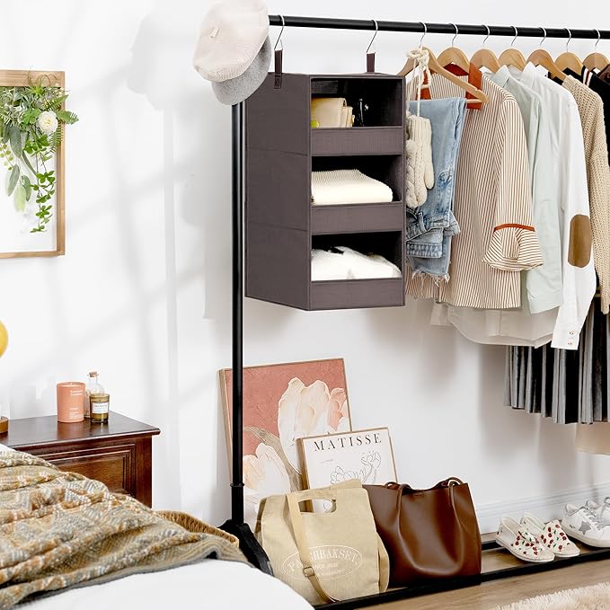 GRANNY SAYS 3-Shelf Closet Organizers and Storage, Foldable Hanging Closet Organizer, Hanging Closet Shelves with 2 Metal Hooks, Leak-Proof Hanging Shelves for Closet, Bedroom, RV, Camper, Dark Brown-NeatNest