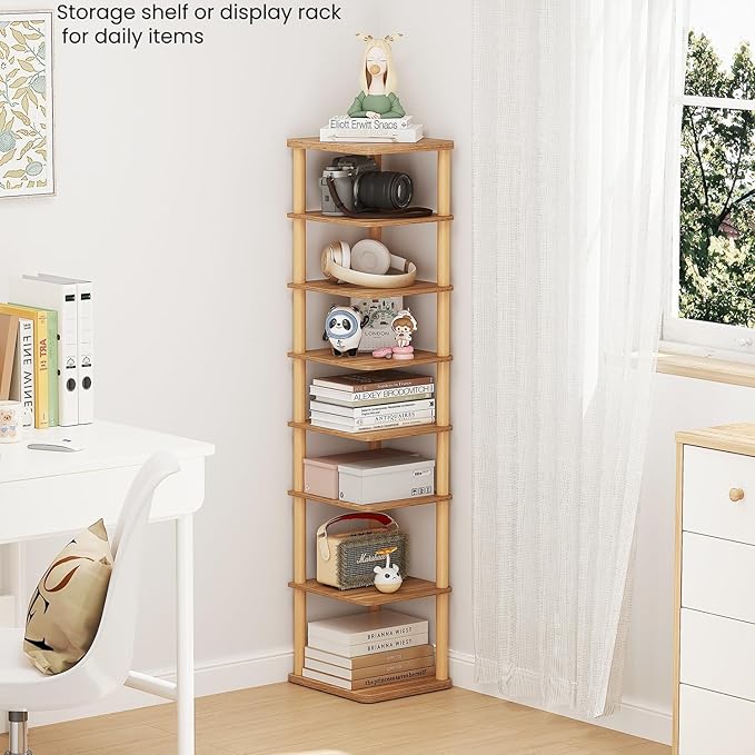LUCKNOCK Vertical Shoe Rack, 8-Tier Tall Narrow Shoe Organizer for Entryway, Closet, Dorm & Small Spaces, Freestanding Wooden Shoe Shelf Tower for Boots, Sneakers, Heels. (Walnut)-NeatNest