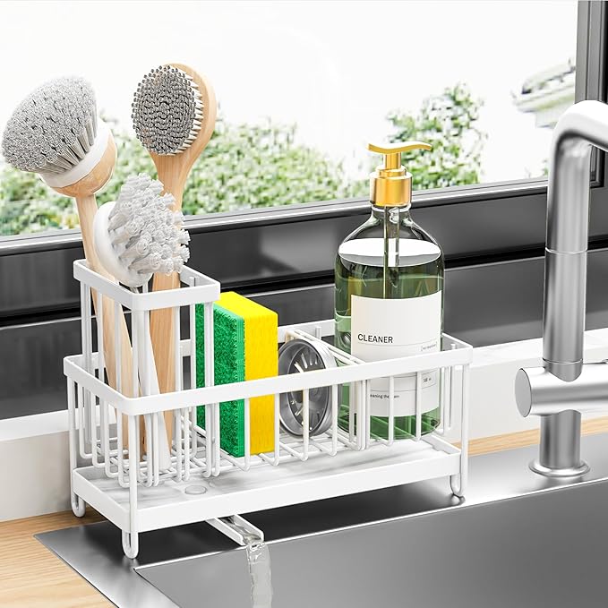 Cisily White Sponge Holder for Kitchen Sink, Sink Caddy Organizer with High Brush Holder, Kitchen Countertop Organizers and Storage Essentials, Rustproof 304 Stainless Steel, Soap Dispenser Organize-NeatNest