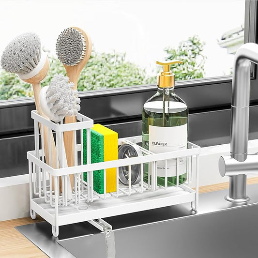 Cisily White Sponge Holder for Kitchen Sink, Sink Caddy Organizer with High Brush Holder, Kitchen Countertop Organizers and Storage Essentials, Rustproof 304 Stainless Steel, Soap Dispenser Organize-NeatNest