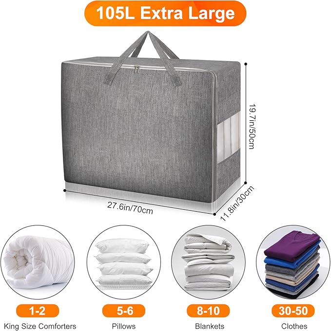 3 Pack 105L Comforter Storage Bags, Extra Large Bedding Storage Bags with Sturdy Zipper and Reinforced Handle, Clear Window, Moving Closet Organizers for Comforters and Blankets, Pillows-NeatNest