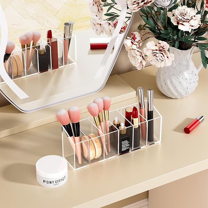 Acrylic 6-Compartment Makeup Organizer 2PCS, Transparent Plastic Makeup Brush Holder, Perfect Bathroom Vanity Storage Solution for Makeup Brushes, Eyebrow Pencils, and More