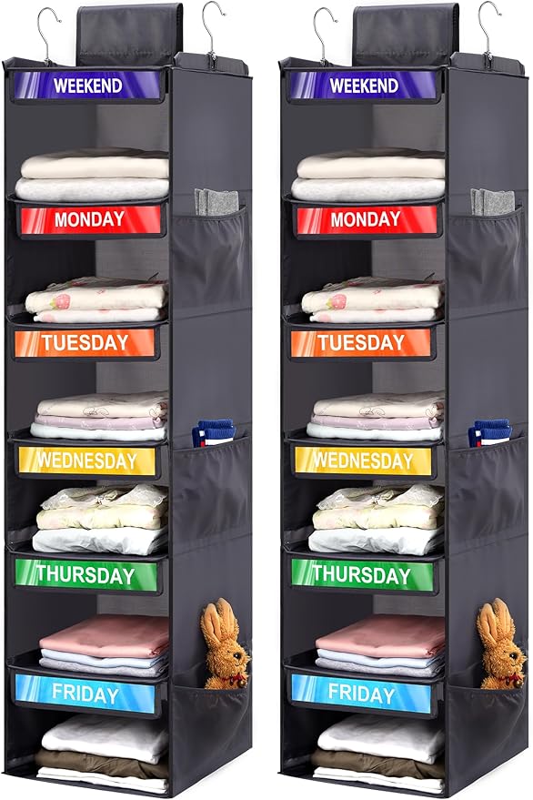 2 Pack 6-Shelf Weekly Clothes Organizer for Kids, Hanging Daily Closet Organization with 6 Side Pockets, Days of The Week Clothing Divider Storage for Boys and Girls (Grey)-NeatNest