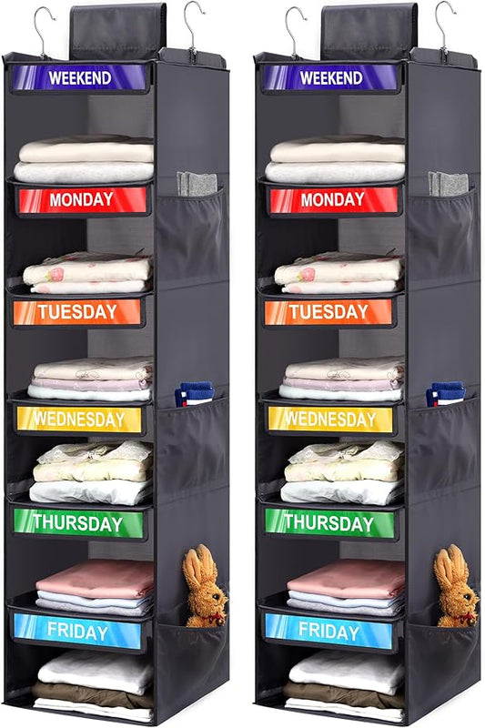 2 Pack 6-Shelf Weekly Clothes Organizer for Kids, Hanging Daily Closet Organization with 6 Side Pockets, Days of The Week Clothing Divider Storage for Boys and Girls (Grey)-NeatNest