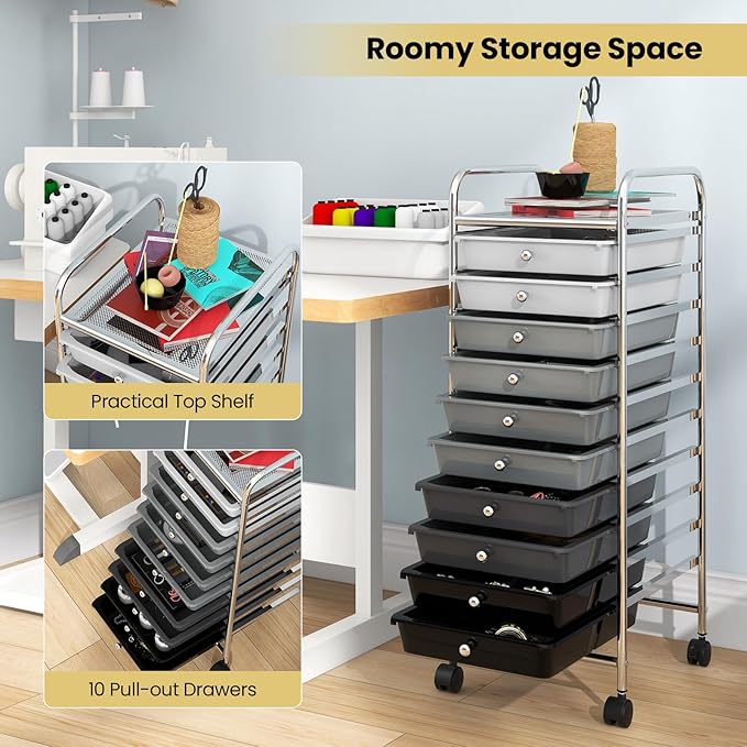 COSTWAY 10-Drawer Rolling Storage Cart, Utility Mobile Trolley with Removable Drawers & Universal Casters & 2 Brakes, Versatile Flexible Drawer Organizer Cart for Home, Office, Mixed Black-NeatNest