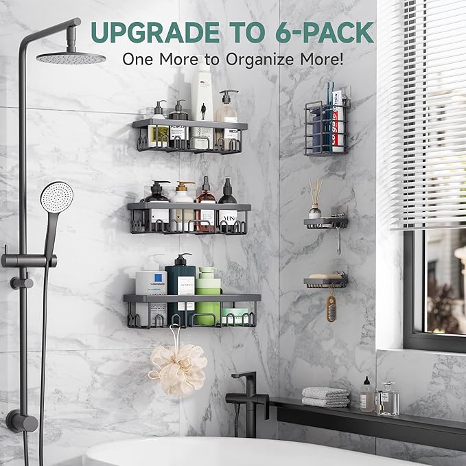 Veken Rustproof & Waterproof Shower Caddy 6-Pack, No Drilling Adhesive Shelves Rack with Soap Holder, Large Capacity Bathroom Organizers and Storage, Wall-Mounted Kitchen & Home Decor, Dark Grey-NeatNest