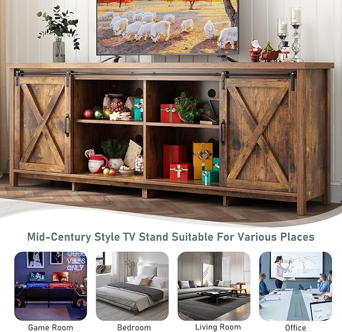 70" Farmhouse TV Stands for 70 75 80inch TV w/Adjustable Shelves,Sliding Barn Door.Wooden Entertainment Center,TV Console Cabinet with Storage for Bedroom Living Room(Brown 70in)-NeatNest