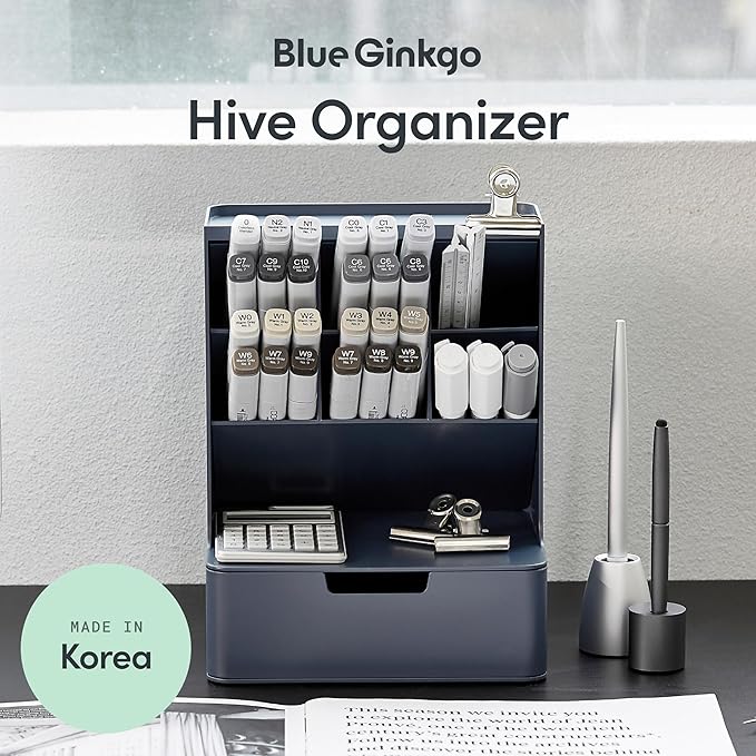 BLUE GINKGO Hive Desk Organizer – Vertical 6-Compartment, Full-drawer Storage – Space-Saving Pen Holder, Stationery Storage – Organizer for Office, School Supplies, Makeup (Made in Korea, Blue)-NeatNest