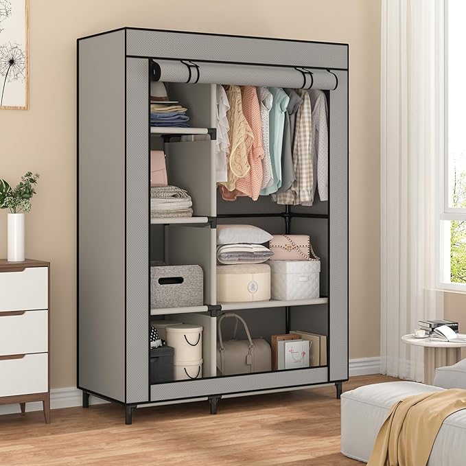 Calmootey Portable Closet Organizers, Clothing Storage, Wardrobe with 6 Shelves and Hanging Rod, Non-Woven Fabric Cover with 4 Side Pockets, Grey-NeatNest