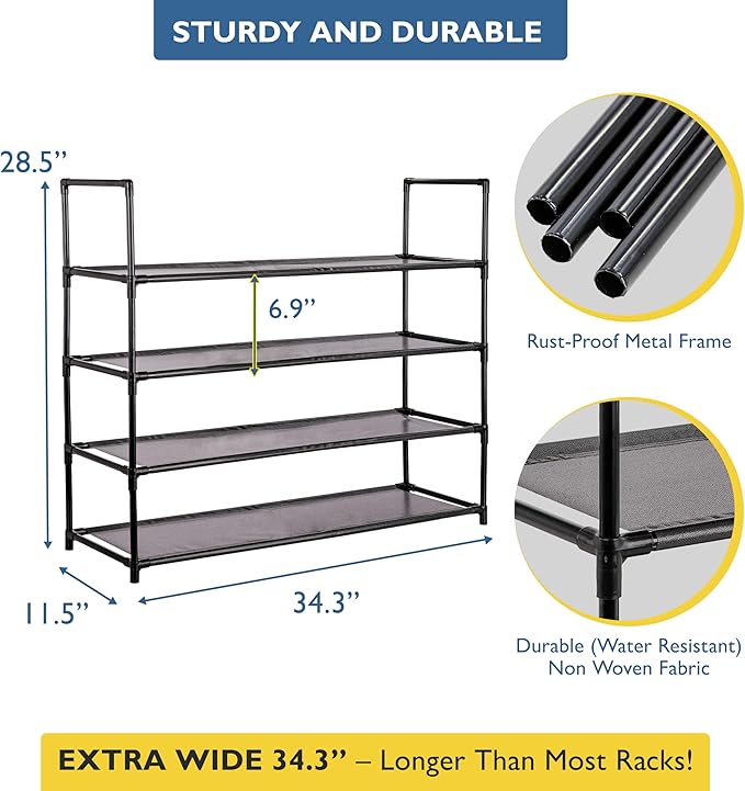 Sundaze Shoe Rack - 4 Tier Shoe Rack for Front Door Entrance, Sturdy Long Shoe Organizer for Closet, Bedroom, Entryway, Garage, Non Woven Fabric Shelf, Black, Holds Up to 20 Pairs-NeatNest