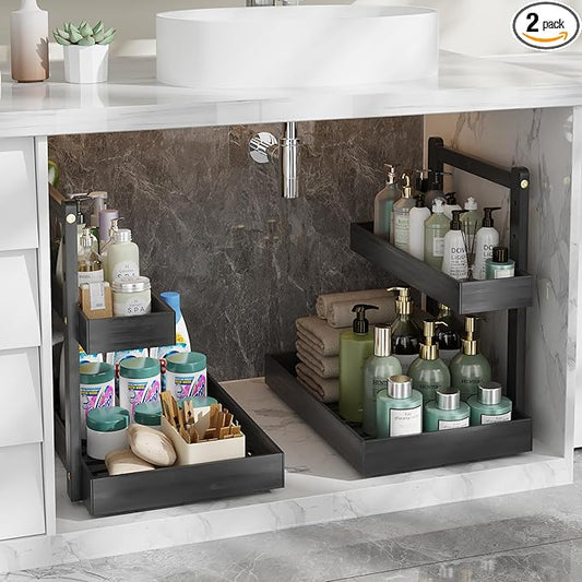 Bamboo 2 Packs Under Sink Organizer Wooden 2 Tier Pull Out Cabinet Organizer, Heave Duty Wood Slide Out Storage Shelf, Undersink Organizers Shelves for Kitchen Bathroom-NeatNest