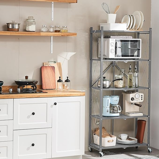 BRIAN & DANY 5-Tier Foldable Storage Shelves with Wheels, Folding Metal Rack Shelving Unit, Heavy Duty No Assembly Organizer Shelf for Garage, Kitchen, Basement, Pantry, Gray-NeatNest