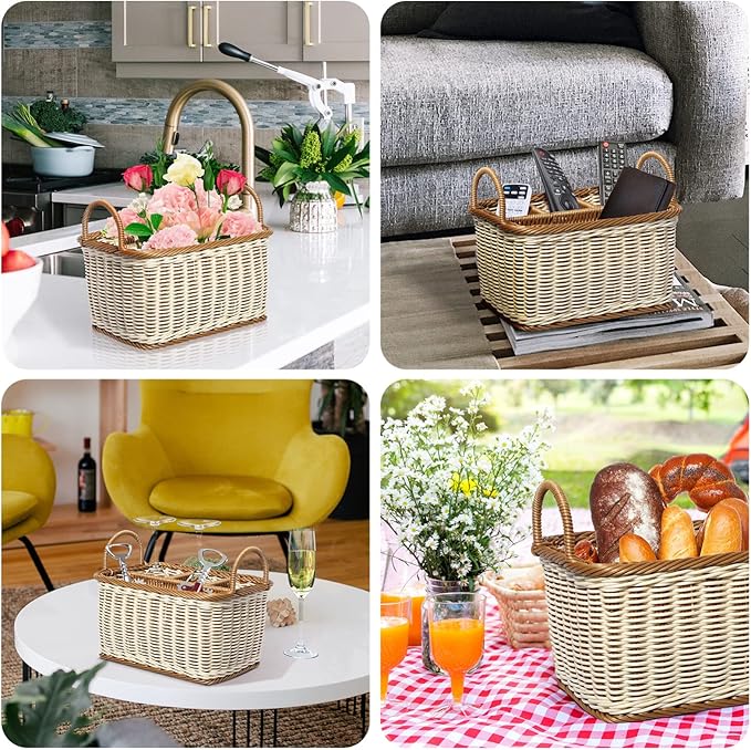 Cabilock Wicker Flatware Organizer, Cutlery Holder for Countertop, Woven Cutlery Storage with Handles, 4 Compartments Utensil Tableware Basket-NeatNest