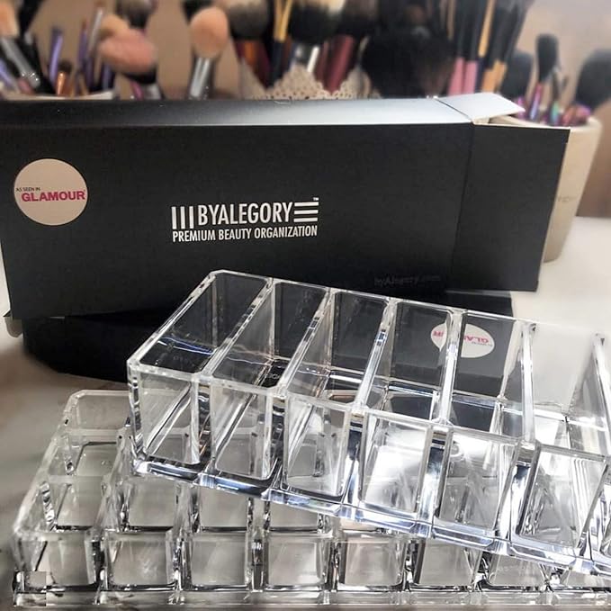 byAlegory Acrylic Lipstick & Acrylic Compact Makeup Organizer Set For Bronzer Highlighter Powder & Blush 32 Space Refillable Cosmetic Storage - Clear-NeatNest