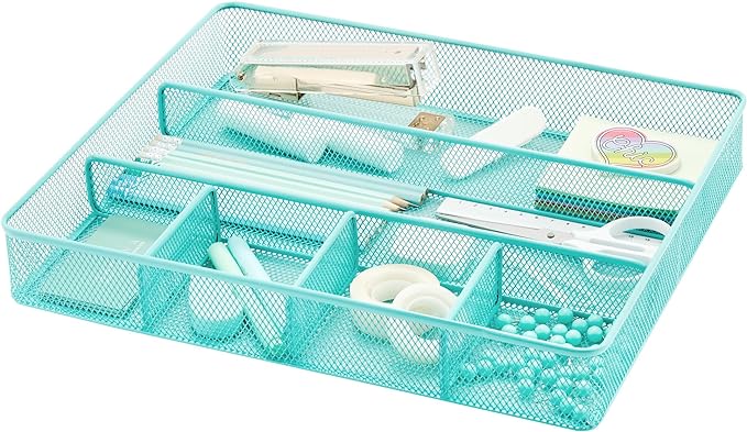 Annova Desk Top Organizer Tray for Office Organization - Metal Mesh - Storage Tray with Dividers for Pens, Desktop Accessories, Bathroom, Kitchen, Makeup and Office Supplies (Large, Turquoise)-NeatNest
