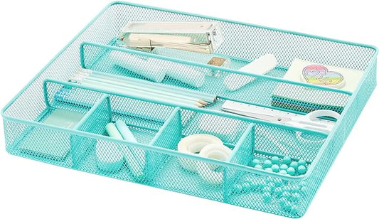 Annova Desk Top Organizer Tray for Office Organization - Metal Mesh - Storage Tray with Dividers for Pens, Desktop Accessories, Bathroom, Kitchen, Makeup and Office Supplies (Large, Turquoise)-NeatNest