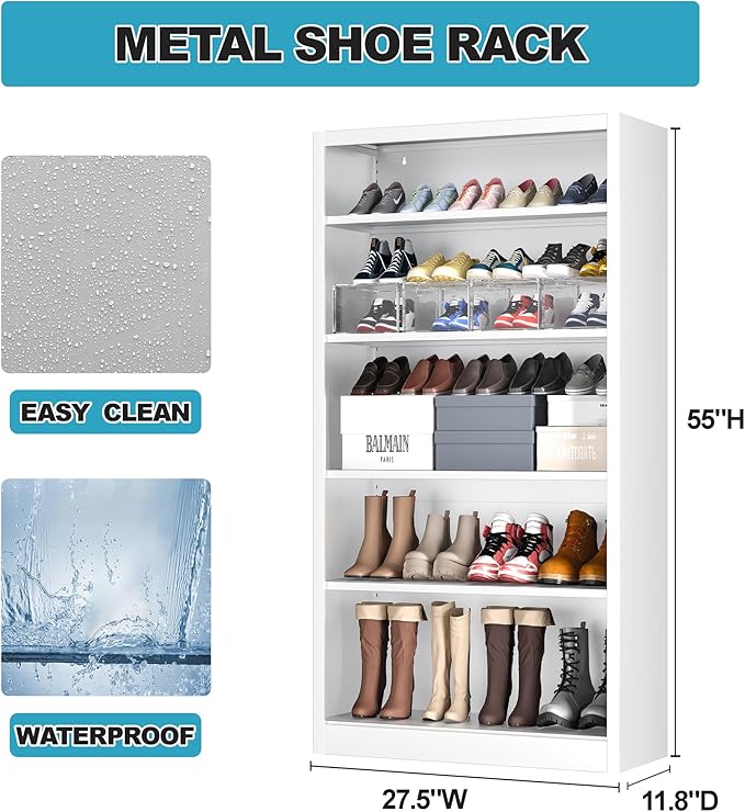 Shoe Cabinet,5 Tiers Heavy Duty Metal Freestanding Shoe Rack,55" Tall Shoe Cabinet with Open Storage for Entryway (White, 5 Tier-55 H*27.6" W*11.8" D)-NeatNest