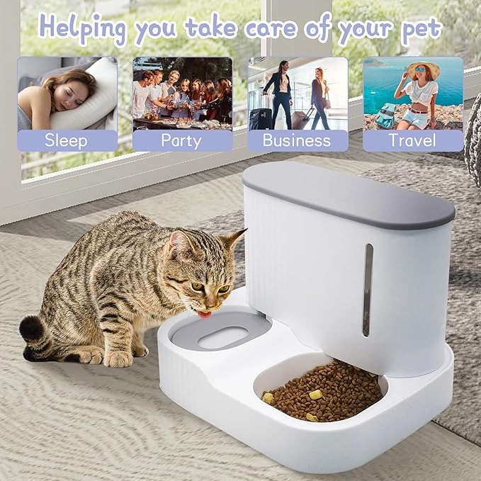 Kathson Automatic 2 in 1 Cat Feeder and Water Dispenser, Gravity Feed Pet Feeder for Indoor & Outdoor Cats (Grey)-NeatNest