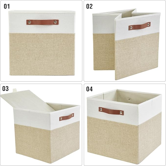 Collapsible Fabric Storage Cube Bins with 2 Reinforced PU Handles, Foldable Storage Organizer Baskets for Closet, Shelves, Living Room | 13"x13"x13", 4 Pack, Beige & White-NeatNest