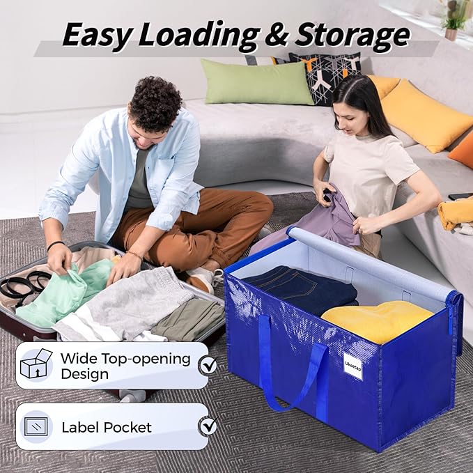 16 Pack Extra Large Heavy Duty Moving Bags, Blue Storage Bins with Lids, Reinforced Handles & Heavy-Duty Zippers Moving Boxes Storage Bags Totes for Clothes Packing, Dorms, College Supplies, Blue