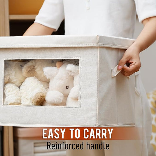 Citylife 3 Pack Storage Bins with Lids, Fabric Foldable Storage Bins with Soft Cord Handles, Canvas Storage Bin with Lid for Organizing Clothes, Blankets and Books, Beige-NeatNest