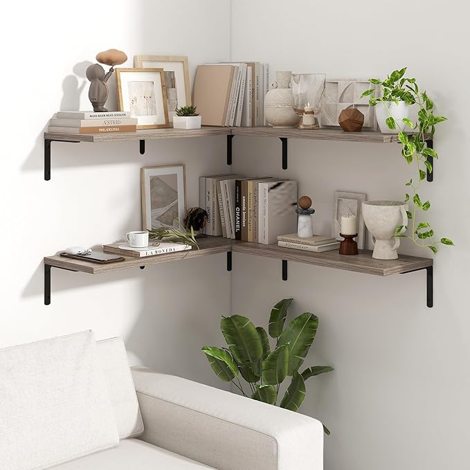 Fun Memories Deep Floating Shelves, 32W x 8D Floating Shelves Set of 2, Wall Mounted Shelf with Metal Brackets, Rustic Wood Wall Shelf for Bathroom, Kitchen and Living Room, Grey-NeatNest