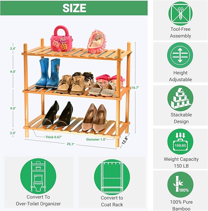 GOGOGO Bamboo Entryway Shoe Rack & Luggage Stand - 150lb Heavy Duty, 12.8” Extra-Deep Shelves, No-Tool Assembly, Modular 3-Tier Shoe Organizer(Natural, 9.0" H(3 Tier))-NeatNest