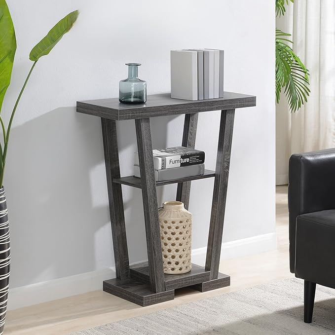 Convenience Concepts Newport V Console Modern Sofa Storage Shelves, Narrow Entryway Hall Living Room, Display Accent Table, 31.5", Weathered Gray-NeatNest